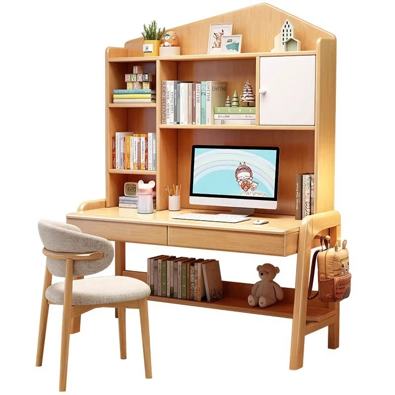طاولة دراسة للأطفال من الخشب الصلب، رف كتب، مكتب كمبيوتر منزلي للكتابة