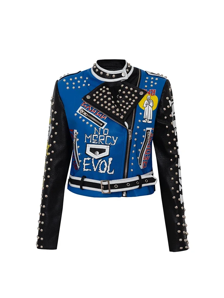 Faux Leather Motorcycle Jackets Women 2024 Trend Punk Rock Style Streetwear Contrast Color Print Studded Leather Jacket Short