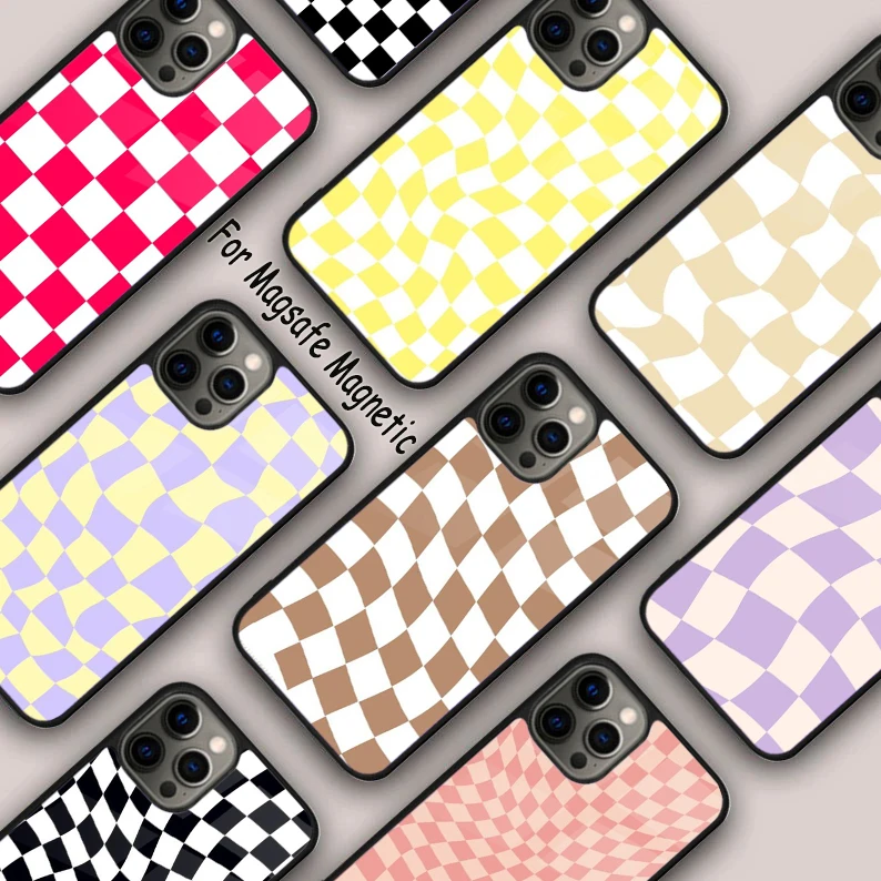 Checkerboard Mustard Yellow Magnetic Phone Case For APPLE iPhone 17 Air 16 14 13 12 Pro Max 15 Plus Wireless MagSafe Cover