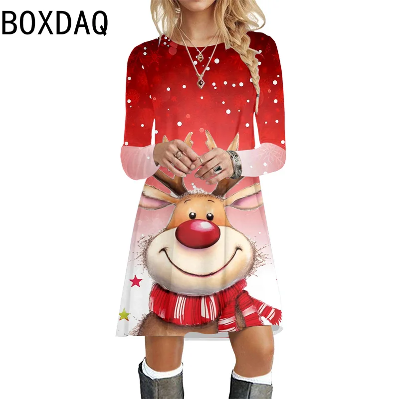 Christmas Cartoon Elk Theme Print Dress Woman Long Sleeve O-Neck Casual A-Line Dress Female Christmas Party Festival Clothes