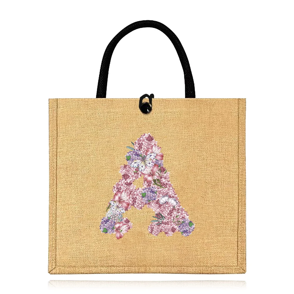 Linen Bag Button Handbag Organizer Storage Jute Tote Bags Imitation Cotton Women Shopping Portable Rose Flower Printing Series