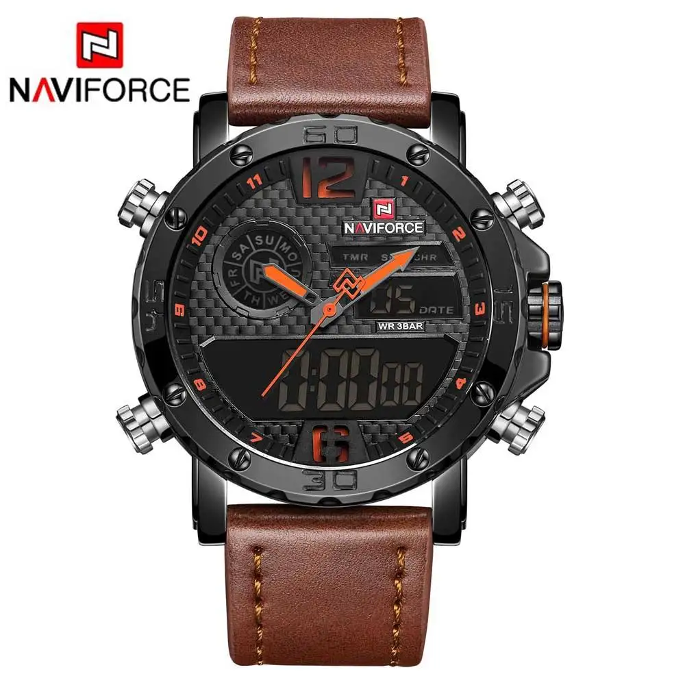 NAVIFORCE NF9134 western dongguan man watch original Leather Strap 2 time zone chronometer water resist Calendar wristwatch set