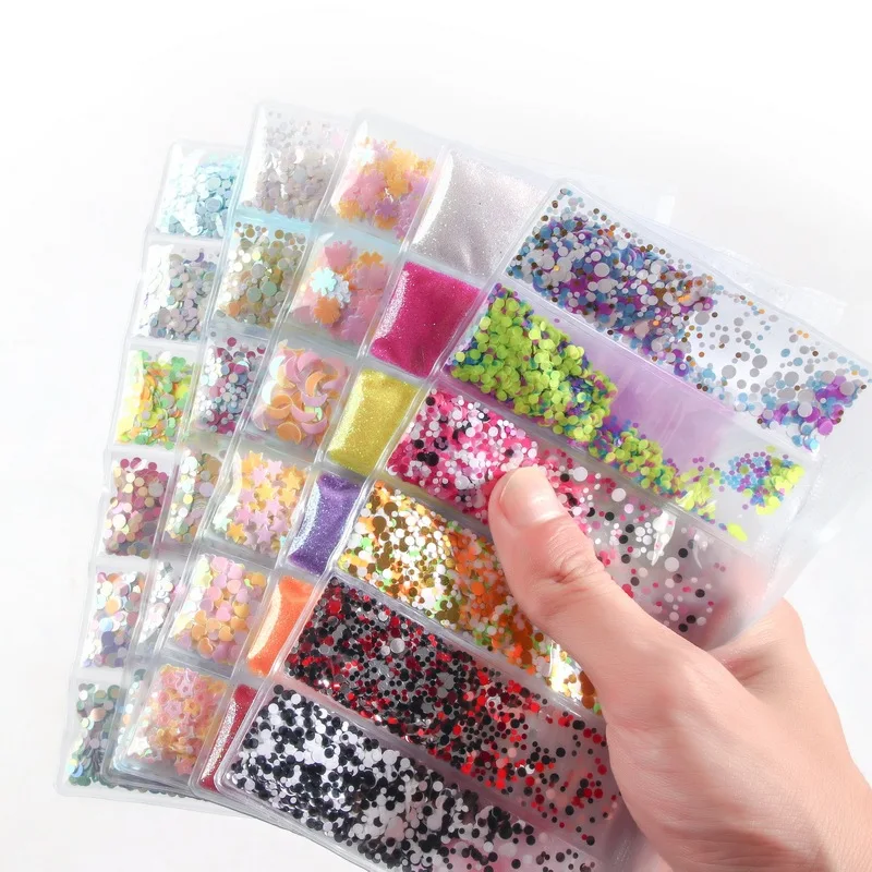 1 borsa 6 griglie Nail Chunky Glitter paillettes cuore/rotondo/luna Multi-forme Patch olografica 3D per l Kit di fiocchi Glitter per unghie