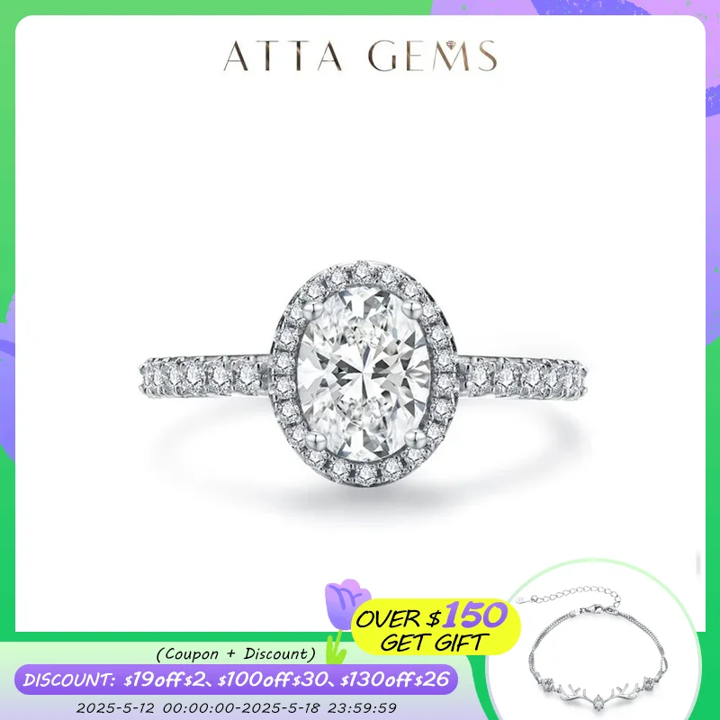 

ATTAGEMS D Color Oval Shape Pure 18K 14K 10K White Gold Moissanite Rings for Women Pass Diamond Test Engagement Wedding Jewelry