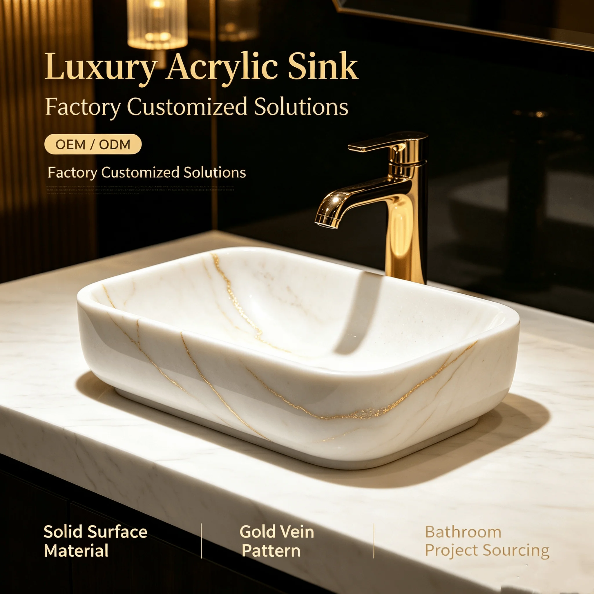 Luxury Modern Calacatta Gold Acrylic Solid Surface Vessel Sink Bathroom Wash Basin Custom OEM ODM Factory Direct