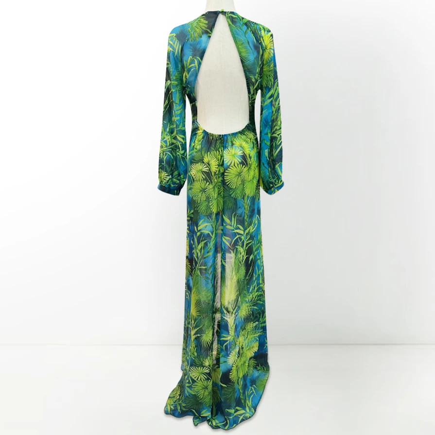 Groene Lange Print Diepe V-Hals Holle Rug Jurk Met Sieraden Knopen Banket Rok Feest Strand Rok