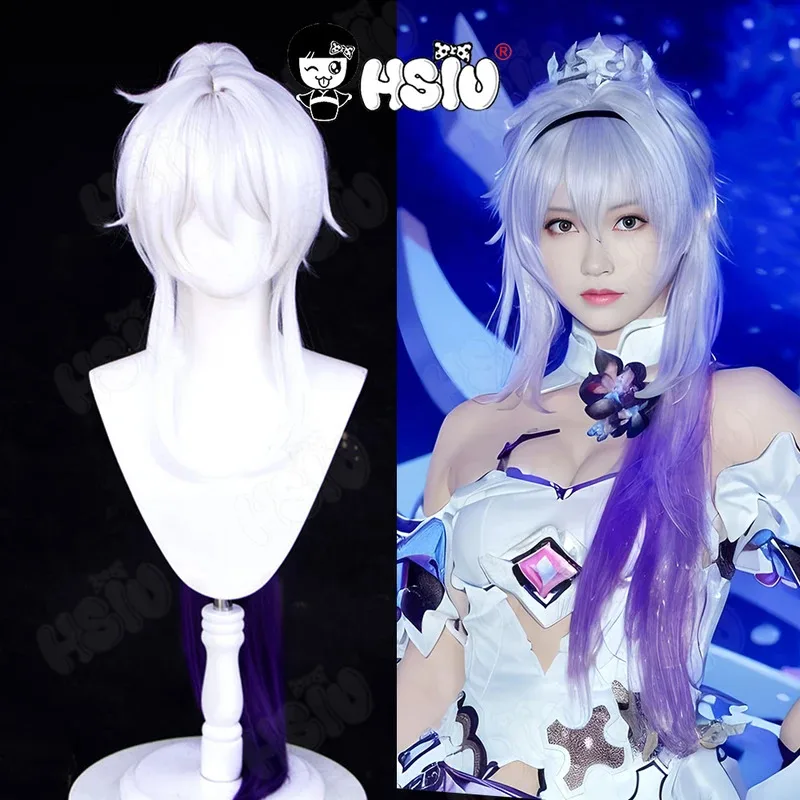 Kiana Kaslana Cosplay peluca juego Honkai Impact 3 Cosplay peluca HSIU 90Cm blanco mezclado púrpura cola de caballo pelo largo peluca sintética + gorro de peluca