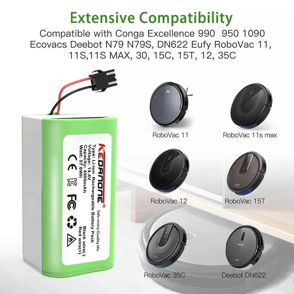 Batería de Iones de Litio de 14.4V 2600mAh/4000mAh para Conga Excellence 950 990 1090 1790 1990 Deebot N79S N79 DN622 Eufy Robovac 11S 12 X500