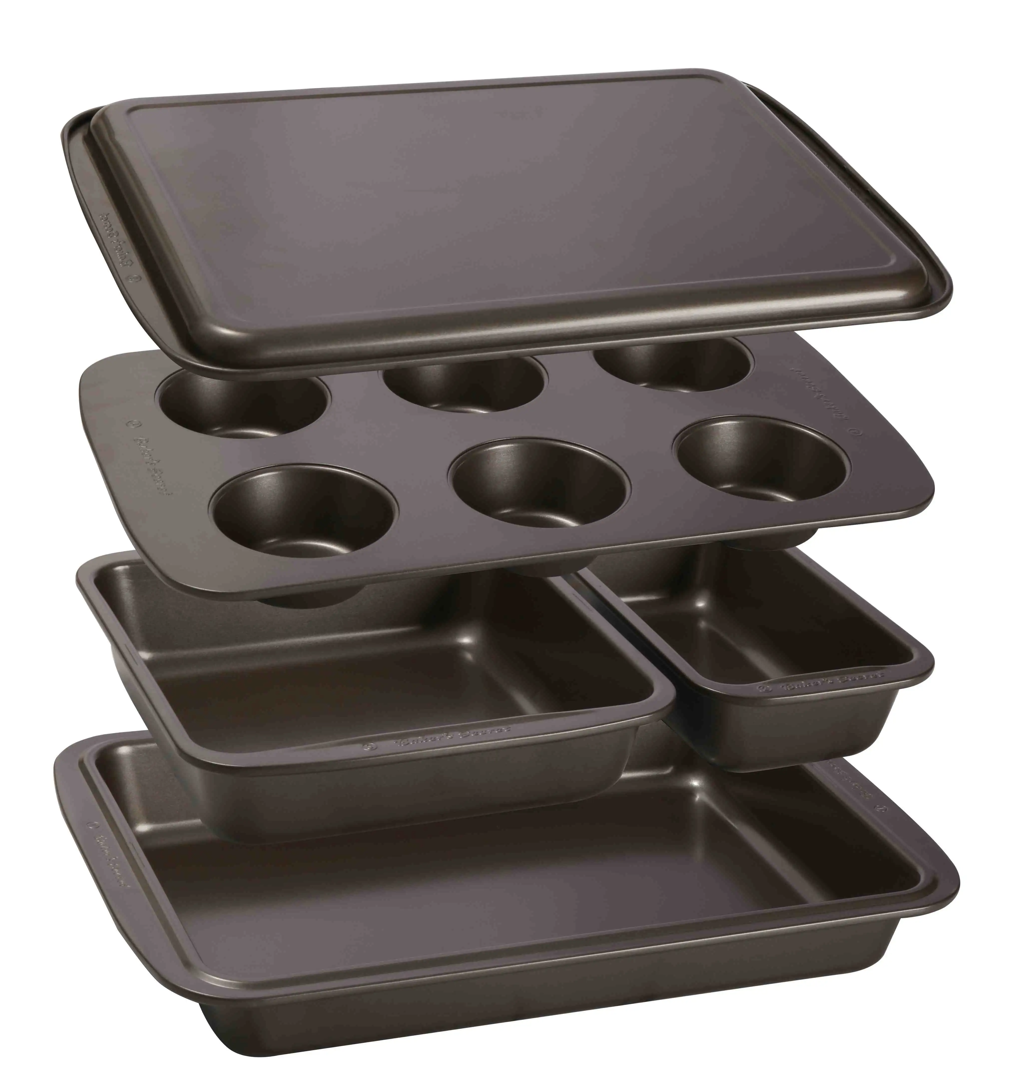 

Bakers Secret 5-Piece Nonstick Carbon Steel Bakeware Set with Loaf Pan, Square Cake Pan, 6 Cup Muffin Pan, Roaster Pan, Cookie