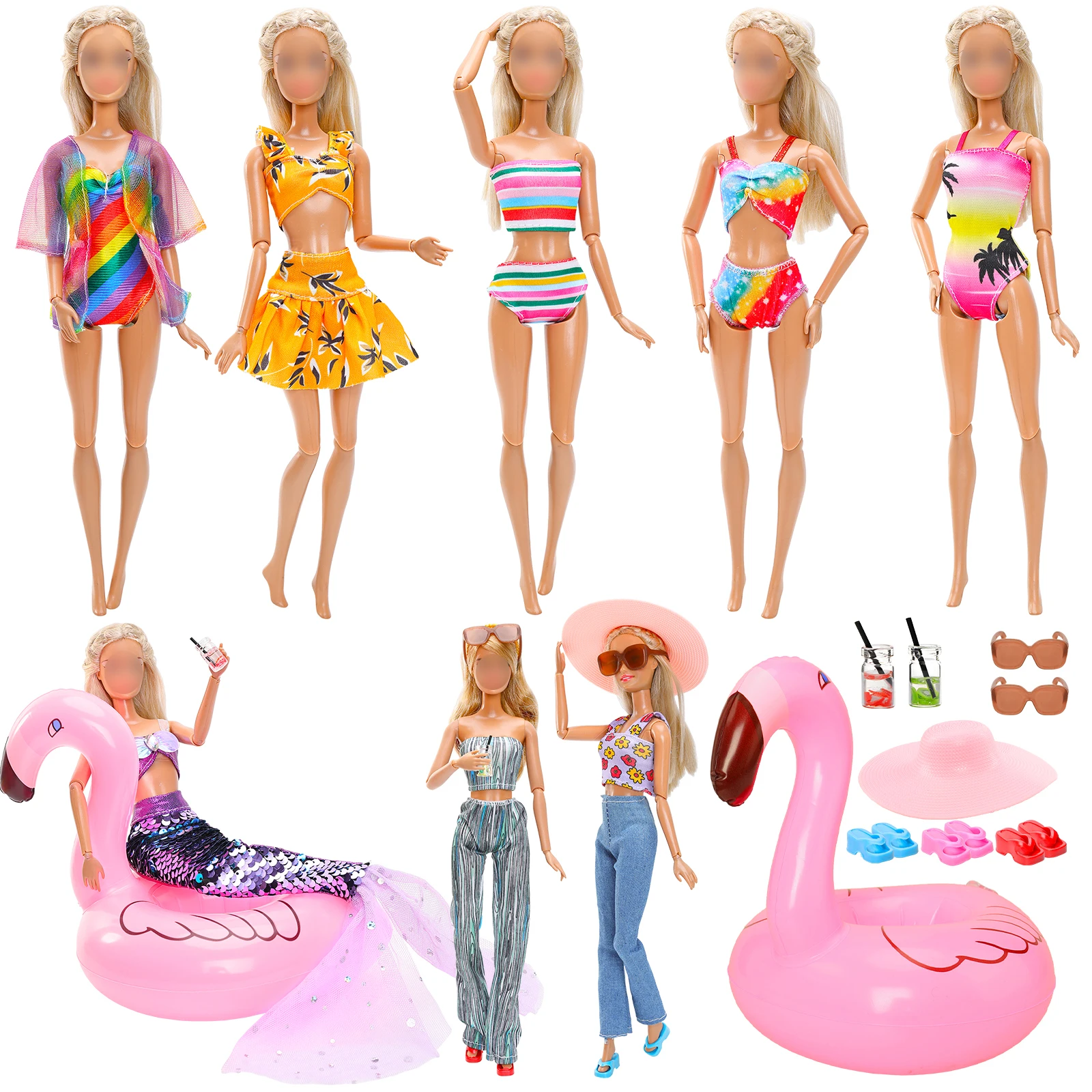 Barwa 17 PCS 1 Sequin Mermaid Swimsuit 5 Swimwears 2 Beach Outfits 3 Slippers 6 Accessories for Girl Dolls Summer Clothing Set