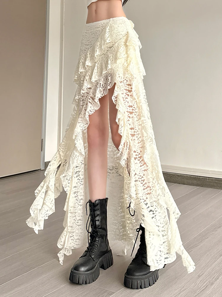 แปลก Puss พู่ผู้หญิงกระโปรง Chic ไม่สม่ําเสมอ Hem Multi-Layered Ruffles ลูกไม้ Patchwork ฤดูร้อนผอมอเนกประสงค์กางเกง