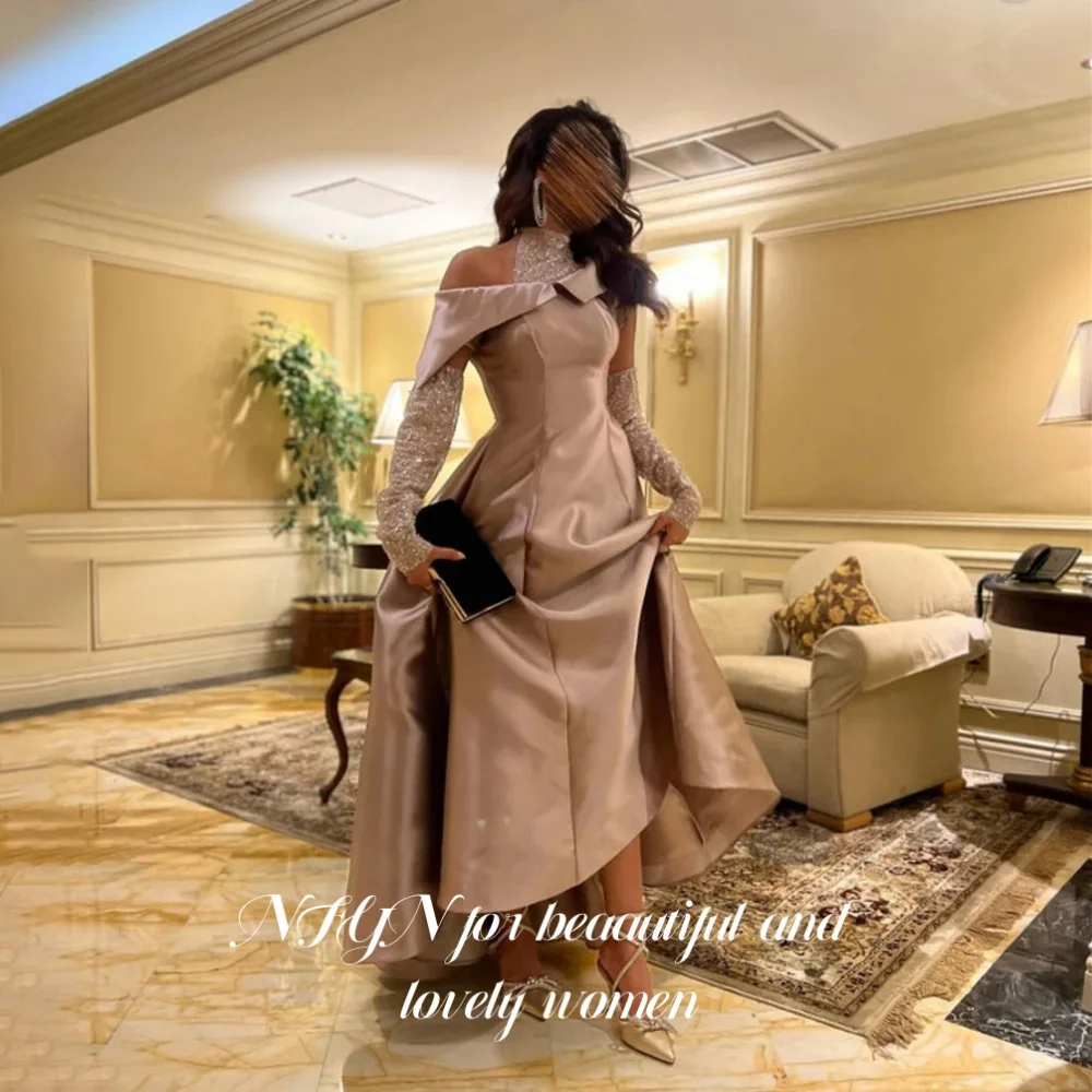 NFYN Elegant High-Neck Prom Dresses Three-Quarter Sleeves Prom Gown A-Line Pleating Sequins Evening Dresses for Woman Customized
