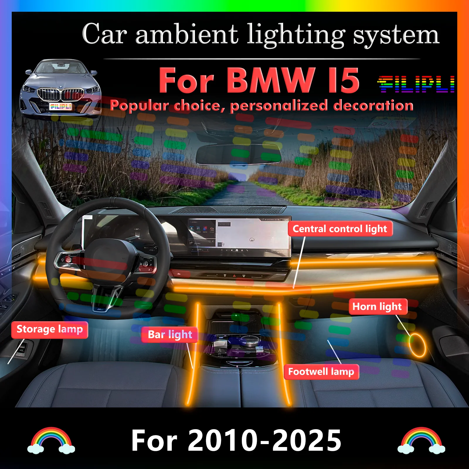 

For BMW i5 Smart Remote Control RGB 64 Colors LED Car Interior Ambient Light Energy Saving Efficient Lamp Kit