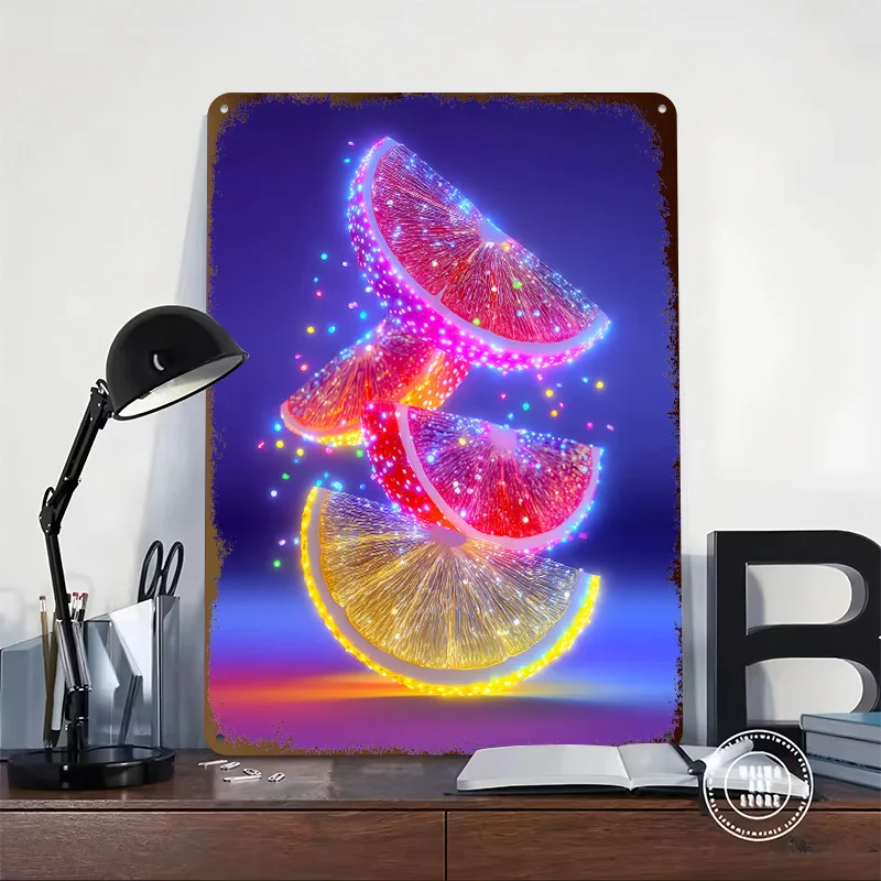 Glowing Citrus Slices on Blue Printed Poster Customized Retro Wall Art Vintage Metal Tin Signs for Home Living Room Decoration