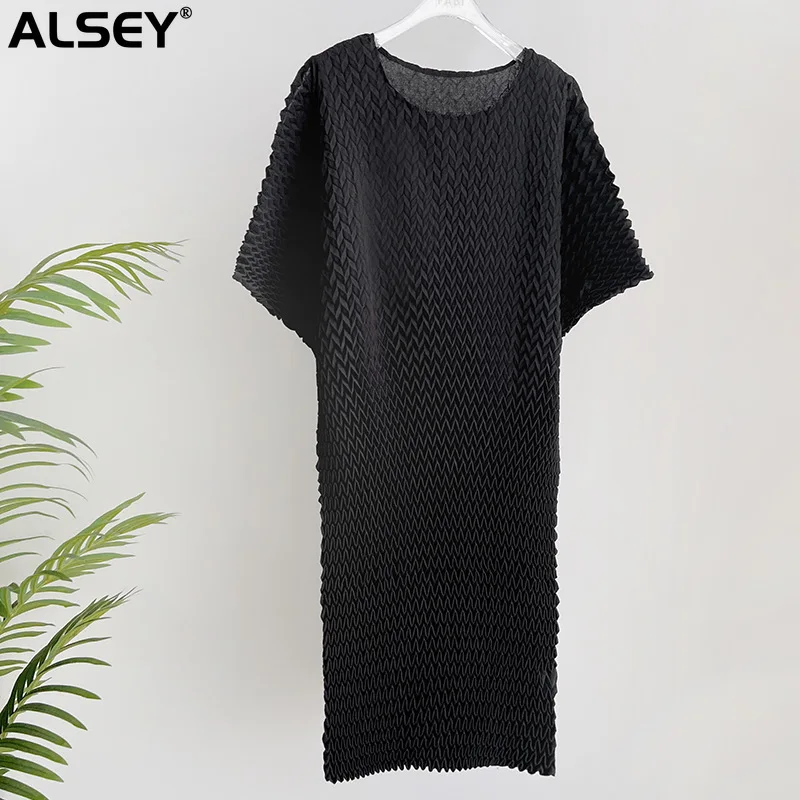 ALSEY Miyake Hand Pleated Elegant Dress for Women Summer New Round Casual Collar Causal Loose Plus Size dresses Clothing