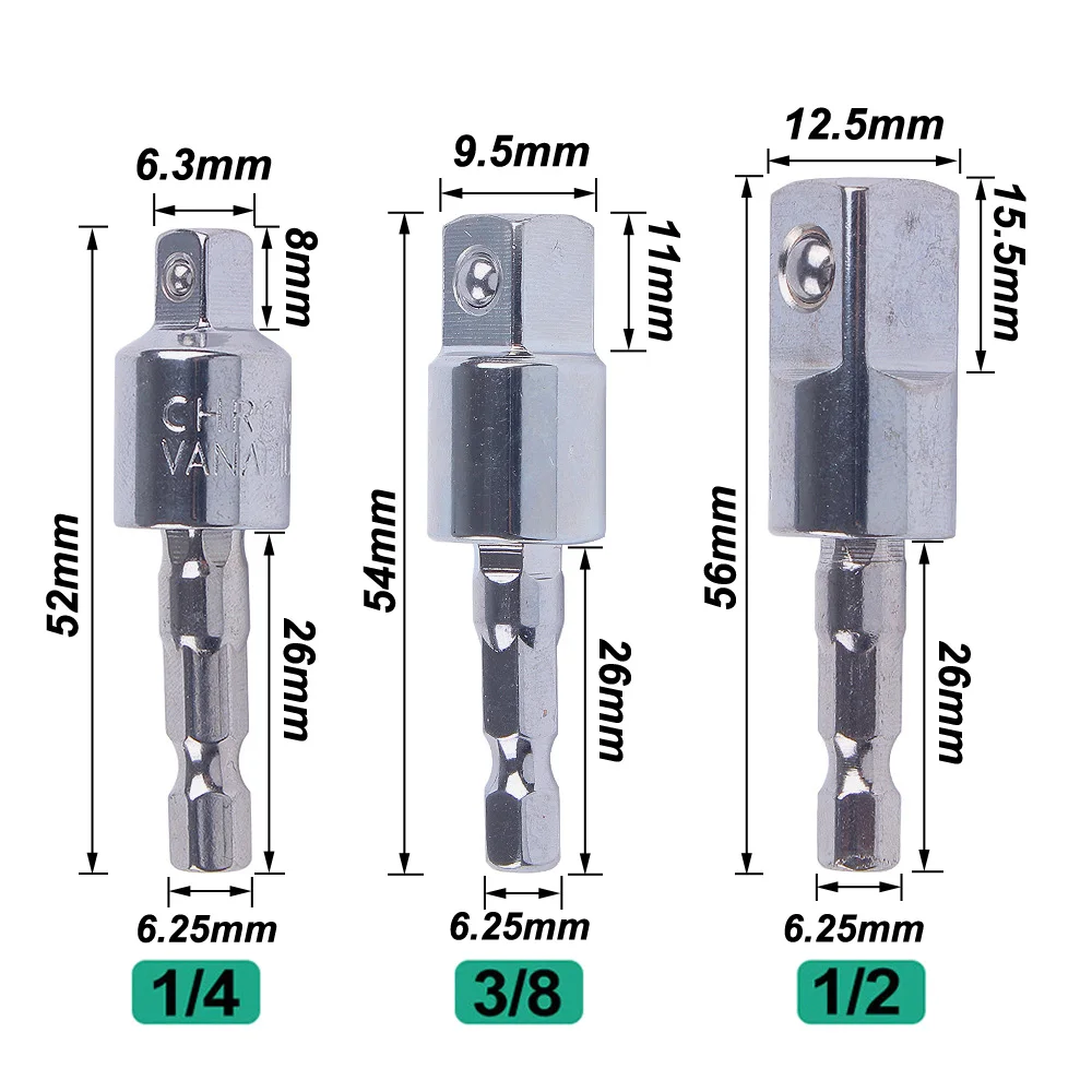 3szt 1/4" 3/8" 1/2" Adapter klucza sześciokątnego Przedłużenie wierteł Adapter gniazda Zestaw przedłużaczy do wiertarek Klucz do nakrętek