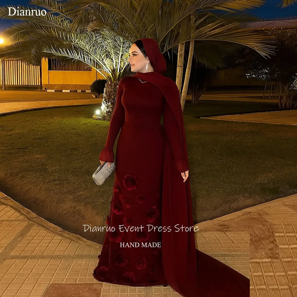 

Dianruo бордовое вечернее платье с длинными рукавами, обычная накидка с прикрепленной накидкой, Vestidos De Fiesta, свадебное платье в Саудовской Аравии по индивидуальному заказу