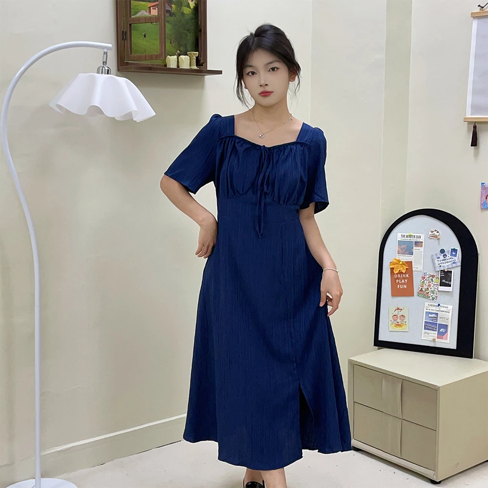 

Summer new plus size women's casual dress navy solid color simple loose commuter long short-sleeved dress 2024 large 6xl