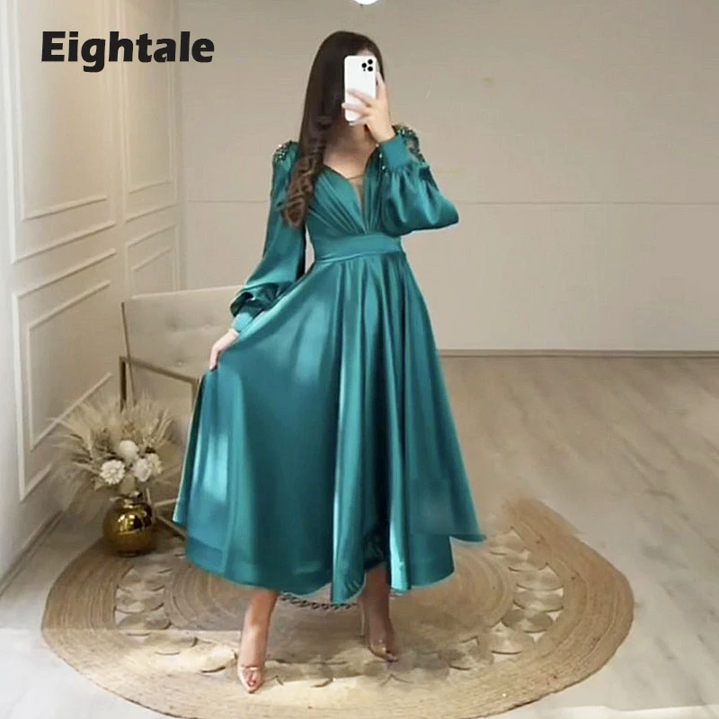 Eightale Green Evening Dresses V-Neck Short Prom Gown with Long Puffy Sleeves Customized Wedding Party Dress vestido feminino