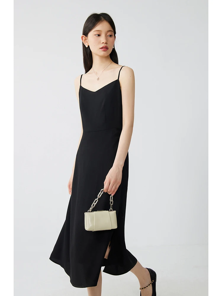 ZIQIAO French Style Side Slit Adjustable Straps Suspender Long Dress Summer Slim Solid Black Dress Elegant Women Casual Dress