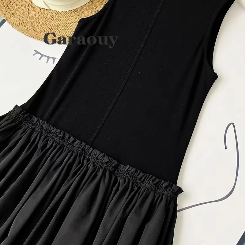 Garaouy Women 2024 Summer New Fashion Tank Robe dress Vintage Sleeveless Chic Round Neck Pleated Casual Dress Vestidos Mujer