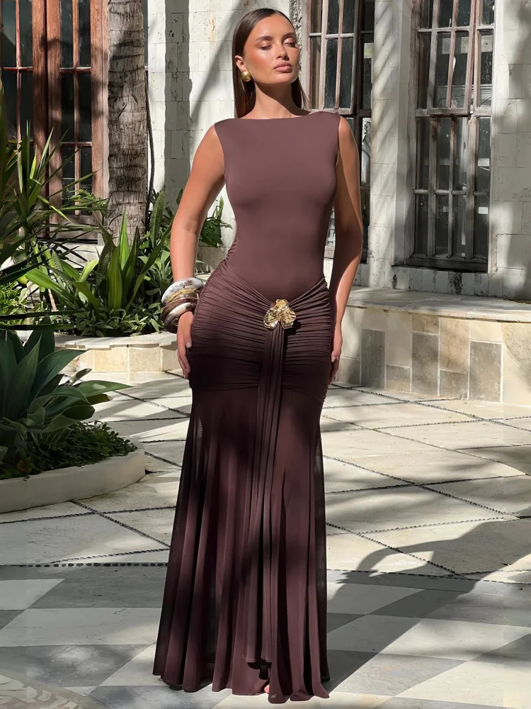 

Absobe Women's Evening Dresses Backless Metal Buckle Mesh Ruched Sexy Split Slim Bodycone Maxi Dress Solid Elegant Partywear