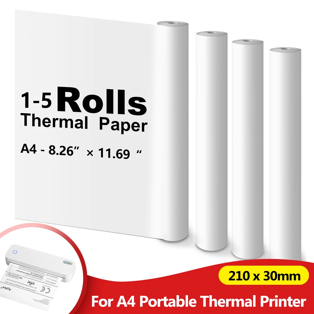 Rolos de Papel Térmico para Impressora Térmica Portátil Bluetooth A4, 1 Rolo/3 Rolos/5 Rolos, Papéis A40 de Secagem Rápida e Sem BPA