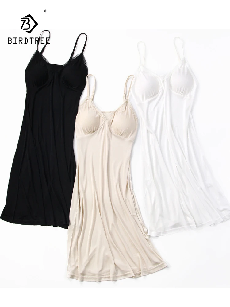 BirdTree, Natural Silk Suspender Vest, Women With Chest Pads Lace, Sexy Basic Underskirt Nightgown 2024 Summer Autumn P48573QC