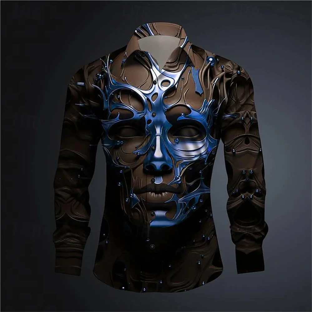 2024 New Men's Spring/Summer Long sleeved Polo Collar Cardigan Shirt Ball Club 3D Mask Printed Comfortable Men's Clothing