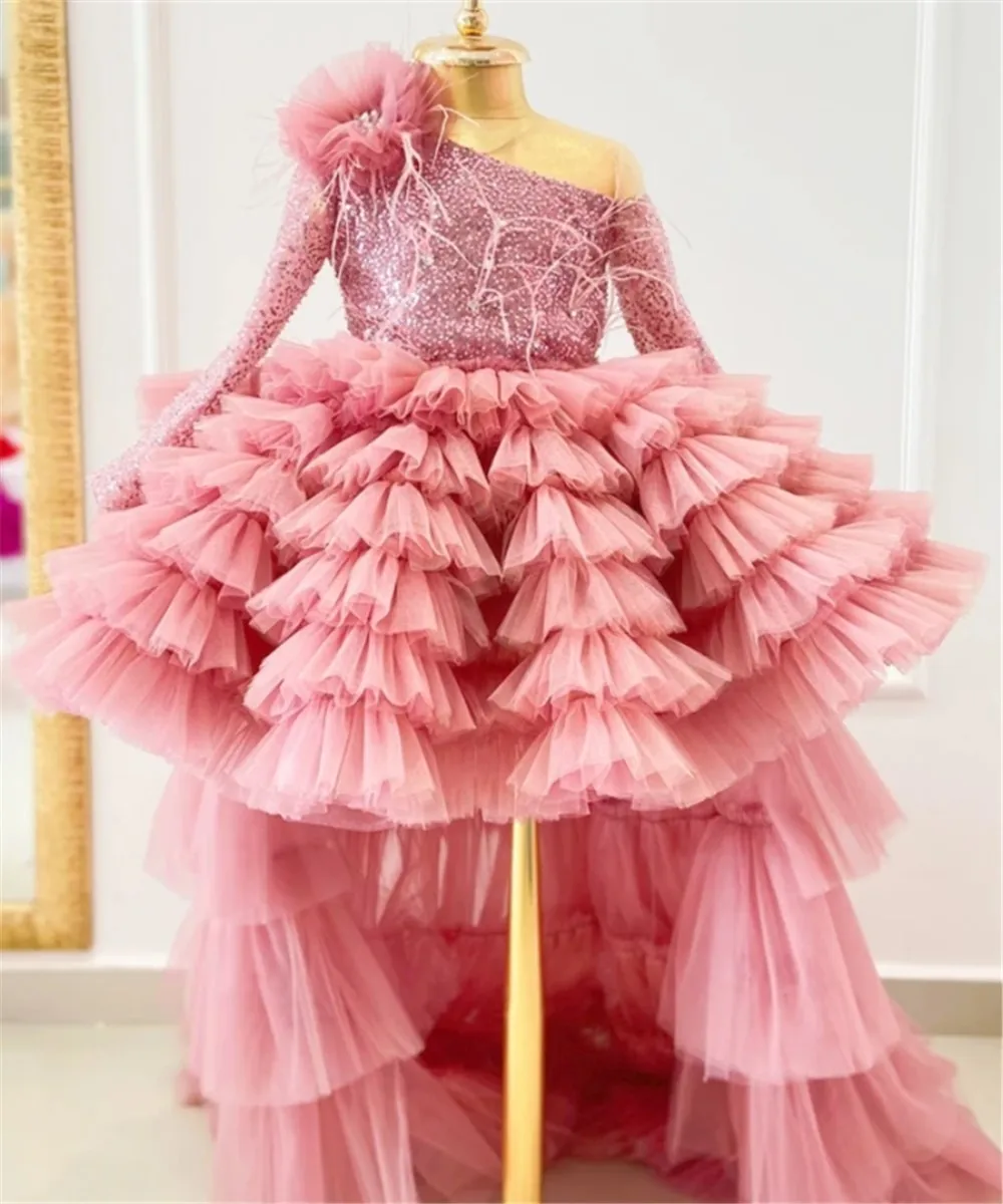 

Exquisite Flower Girl Dresses for Wedding Party Birthday Princess Feather Tulle Pageant Dress Formal Prom Gowns with Long Train