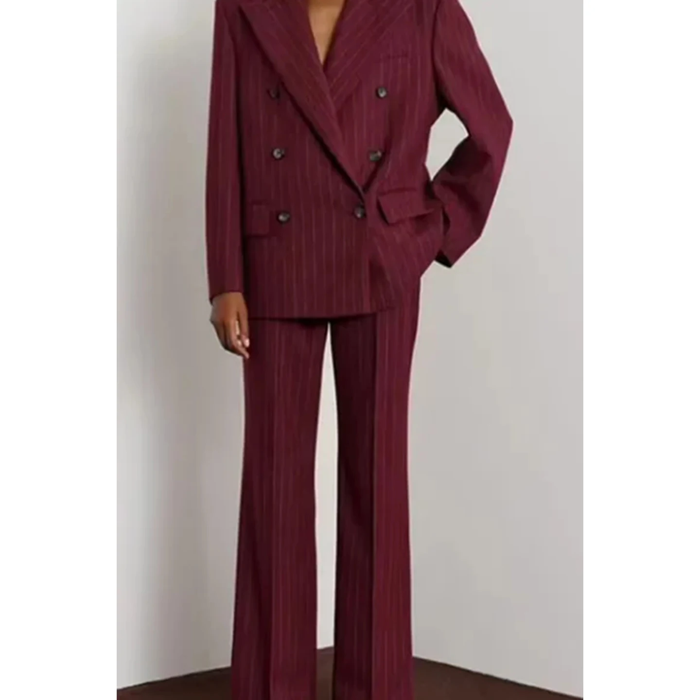 الخريف الشتاء المرأة طويلة Sve بدوره إلى أسفل طوق مخطط مزدوجة الصدر أزرار متعددة دعوى Jaet عادية مستقيم الساق P... #2