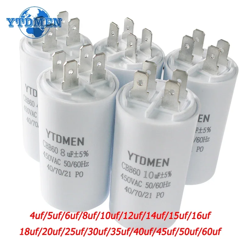 1PCS 450VAC CBB60 มอเตอร์ Run Capacitors 4pin Dual ใส่ราคาเริ่มต้นที่ Capacitor 4UF-60UF สําหรับ Air คอมเพรสเซอร์ปั๊มน้ํา 6UF 10UF 50UF
