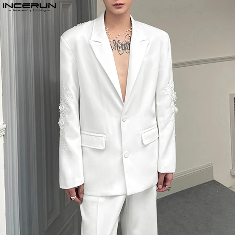 INCERUN Men Sexy Blazer Lapel Collar V Neck Single Breasted Long Sleeve Lace Floral Embroidery Suit Back Mesh Transparent Coat