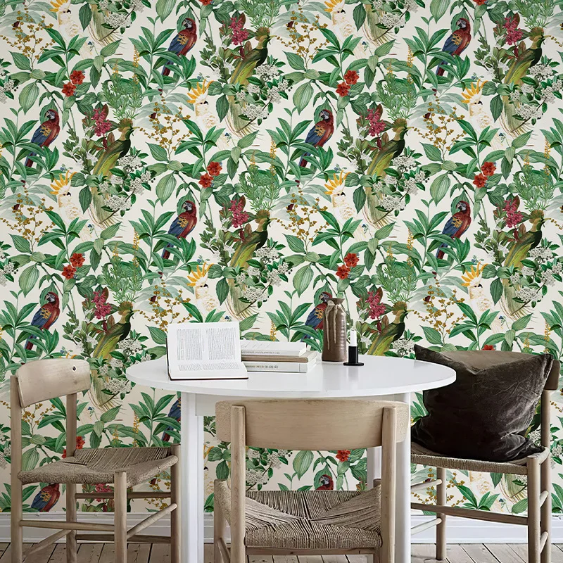 Peel and Stick Wallpaper Rain Forest Palm Leaves Parrot Wallpaper per Accent Wall decorazioni per la camera da letto uccelli carta a contatto floreale