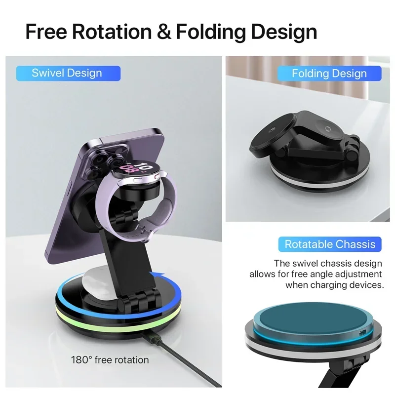 4 in 1 Magnetic Wireless Charger Fast Rotate Foldable Night Light For iPhone 15 14 13 12 Pro Max Apple Watch 8 7 Aripods 2 3