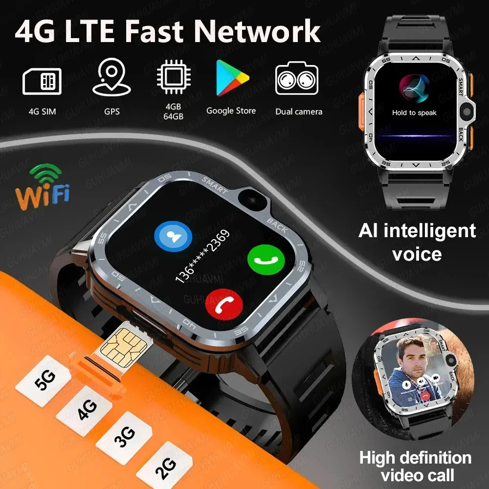 4G Smartwatch Two CameraS Watch AMOLED NFC Wifi 4GB Ram 64GB ROM Download APP Game Android Smart Watch Support GPS navigation