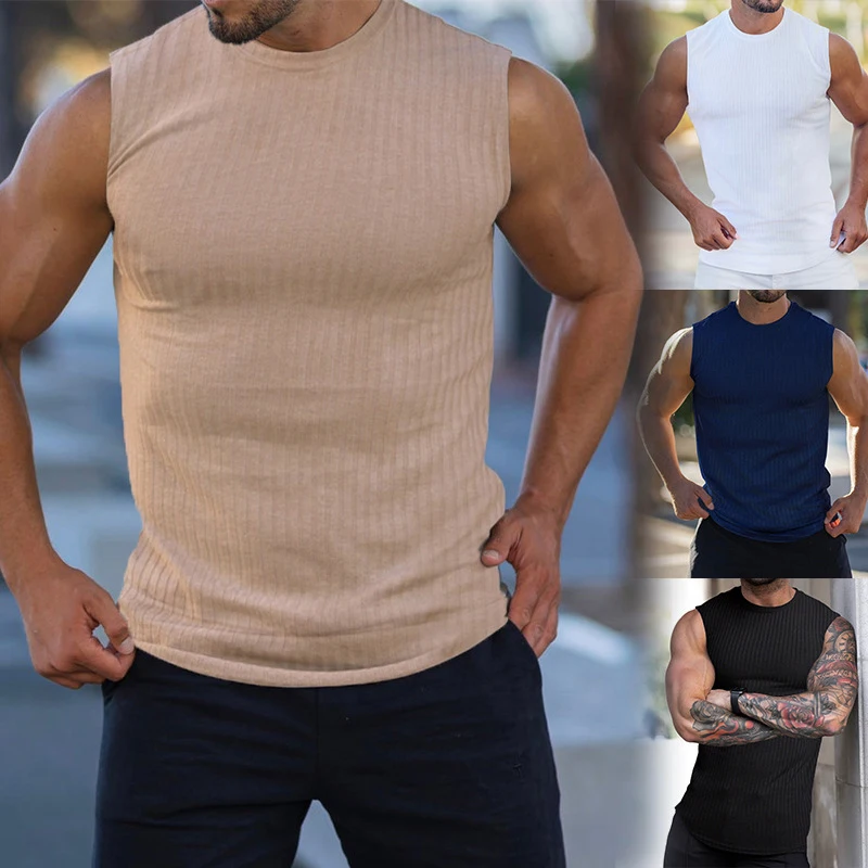 Summer New Men Vest Sports Fitness Quick Drying Breathable Elastic Sleeveless T-shirt Vertical Stripe Gym Running Training Vest