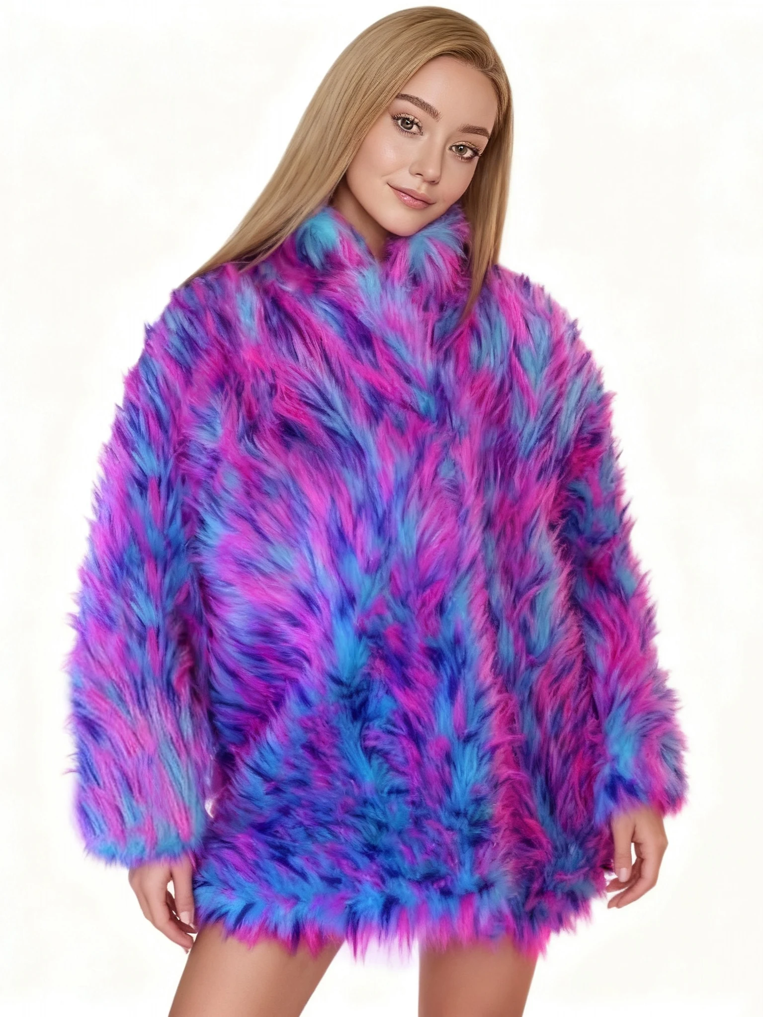 Winter Y2K Aesthetic Bright Pink Blue Tie-dye Fluffy Faux Fur Coat Women Loose Warm Fuzzy Jacket Party Streetwear Outwear