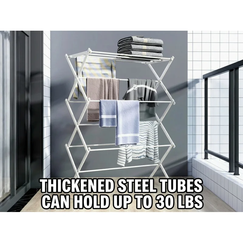 Foldable retractable home clothes rack,no install,3-tier floor storage shelf,thick 3D stretch garment stand with towel holder