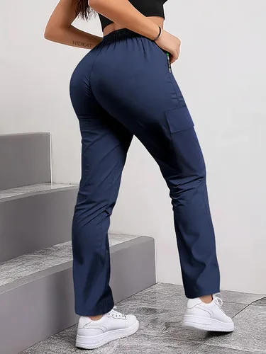 [Pantalones cargo con estampado de letras] Pantalones cargo de moda para mujer Diseño de parche con estampado de letras Cintura elástica con cordón, bolsillos con cremallera