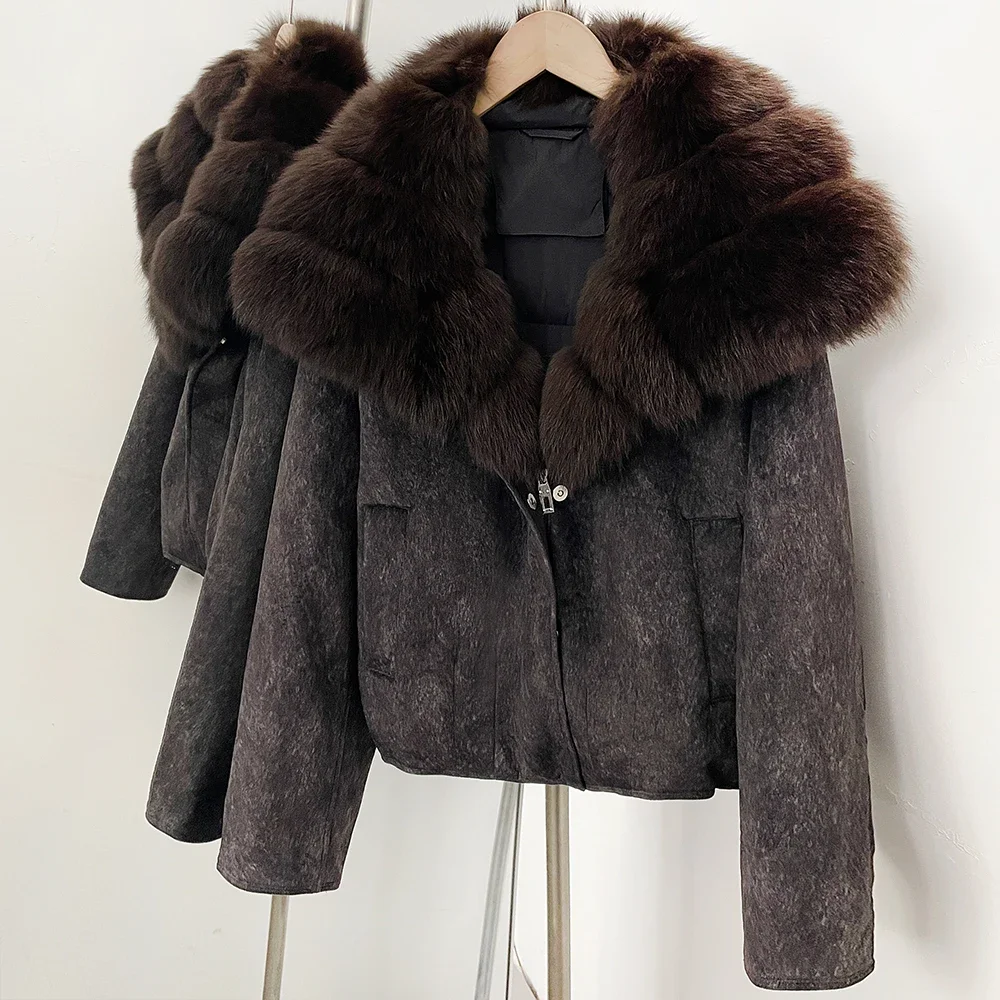 OFTBUY Damen-Daunenjacke mit großem Fuchspelzkragen, Winter-Warme Entendaunenjacke, kurze Reißverschlussjacke mit Pelz für Damen – Detail 8