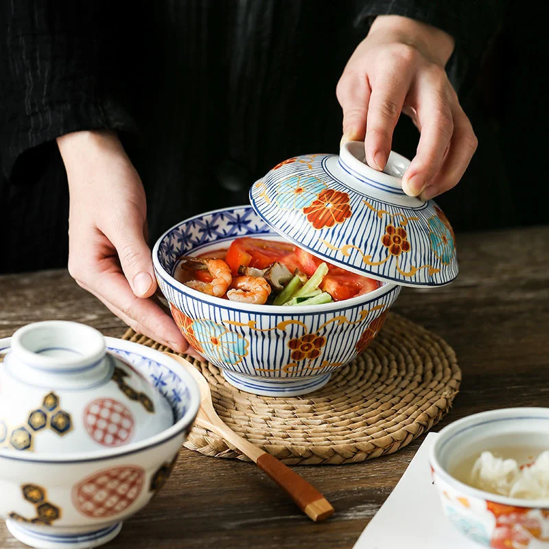 Japanese Ceramic Bowl With Cover Soup Noodle Rice Bowl Steamed Egg Stew Bowl For Household Kintchen