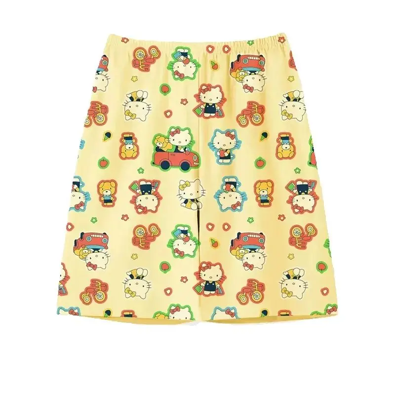 Pantalones cortos de pijama de Hello Kitty para mujer, pantalones sueltos de algodón de cinco puntos, pantalones cortos bonitos de dibujos animados para el hogar, pantalones cortos fríos y cómodos de verano