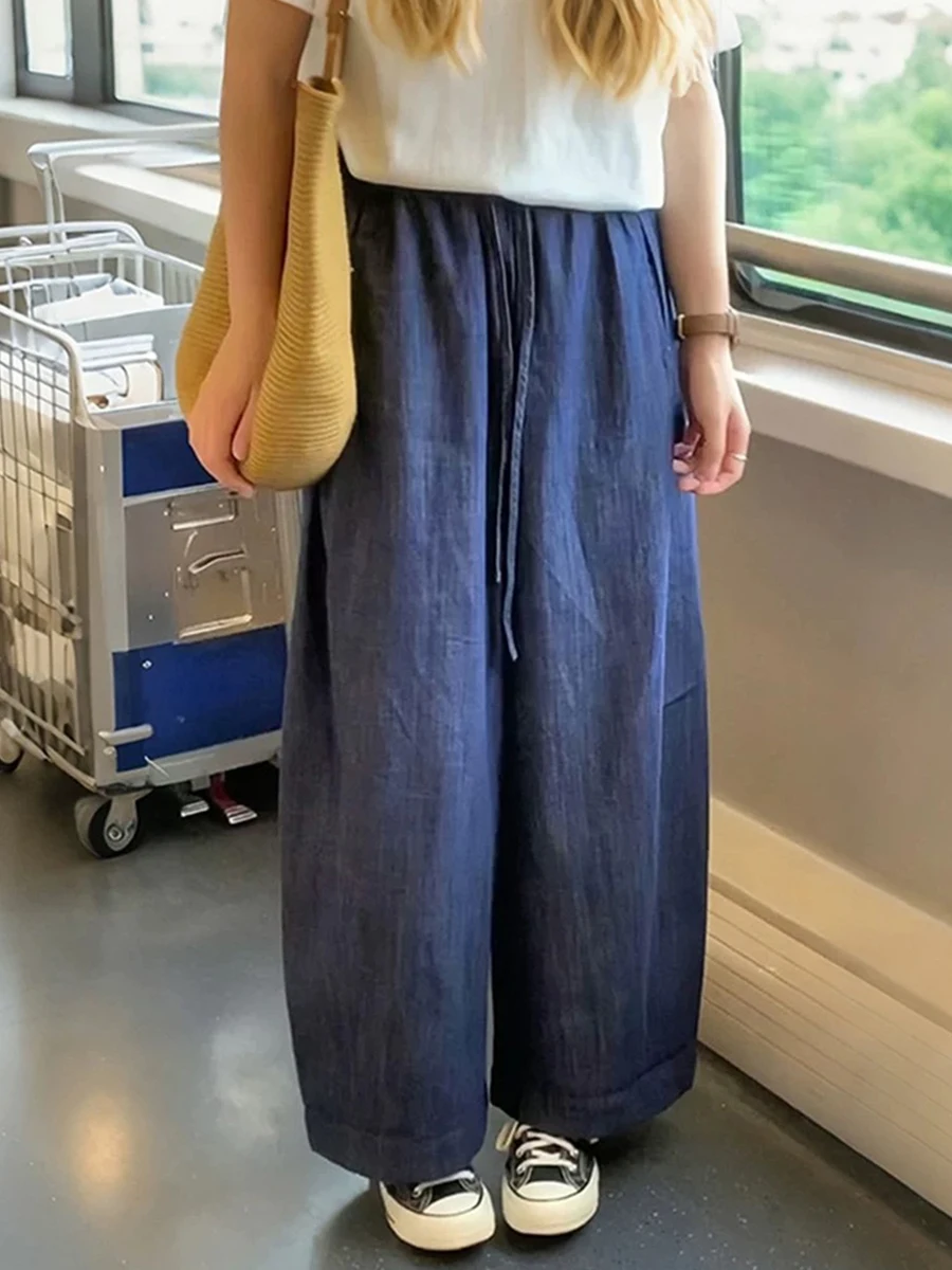 Deep Blue High Waist Loose Women's Jeans Retro Style Wide Leg Nine Point Pants plus Size Autumn Fashion Slimming Effect