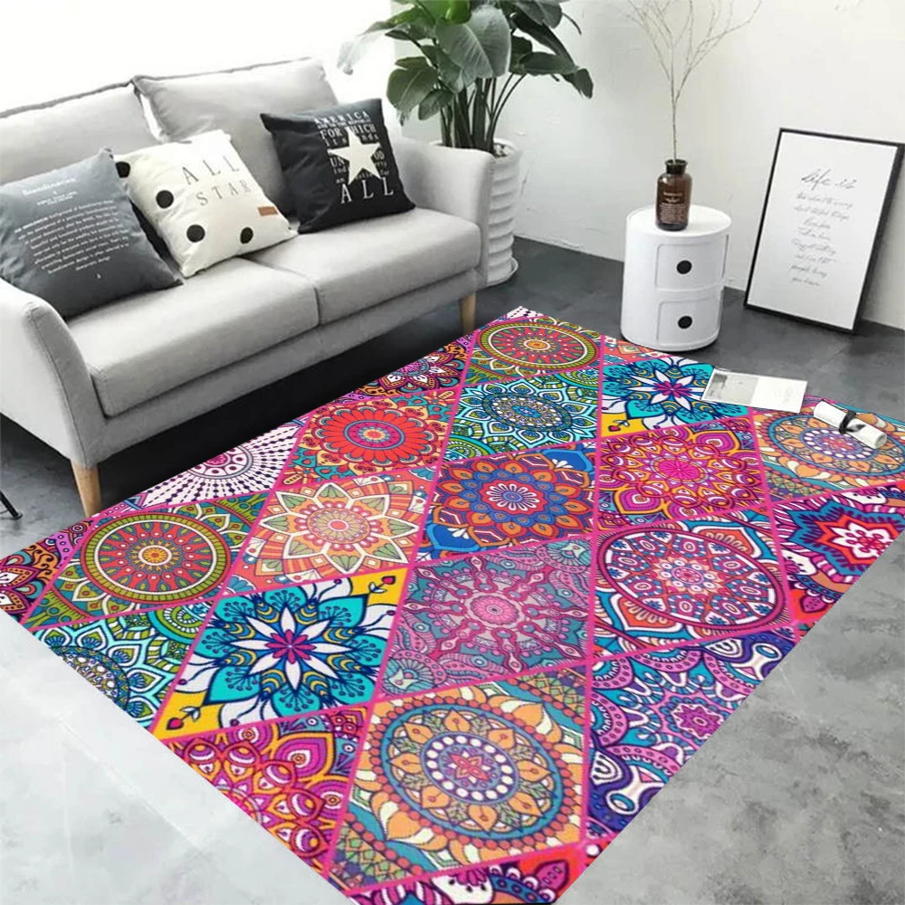 Large Size Vibrant Mandala Patchwork Area Rug Layer Texture Detail Home Living Room Decor Carpet