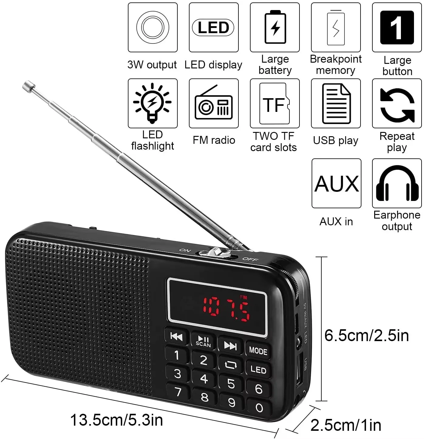 أجهزة راديو FM محمولة أجهزة الراديو الرقمية Mp3 شاشة Led راديو قابل لإعادة الشحن Usb Sd Tf Aux Player فتحتين مكبر صوت متعدد الوظائف