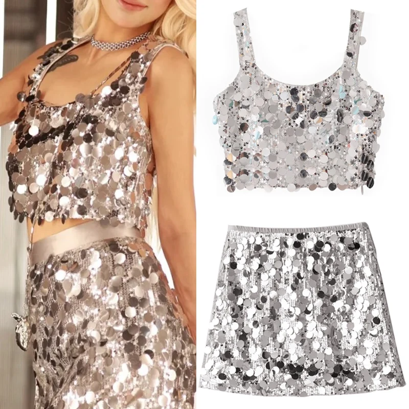 

Adult Jazz Dance Clothes Silver Sequin Kpop Costume Crop Tops Skirt For Stage Performance Outfit Party Show Women Clothing 3248