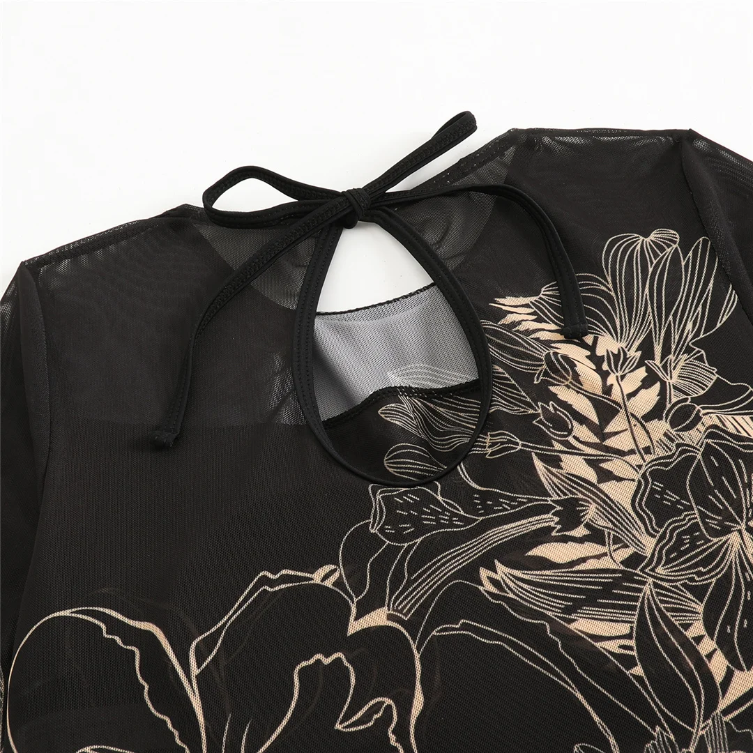 S - XXL, bedruckter, langärmeliger Badeanzug mit Sarong, einteiliger Badeanzug für Damen, Damen-Bademode, Blumenmuster, gepolsterter Badeanzug, Badebekleidung, Modell V7181. – Detail 21
