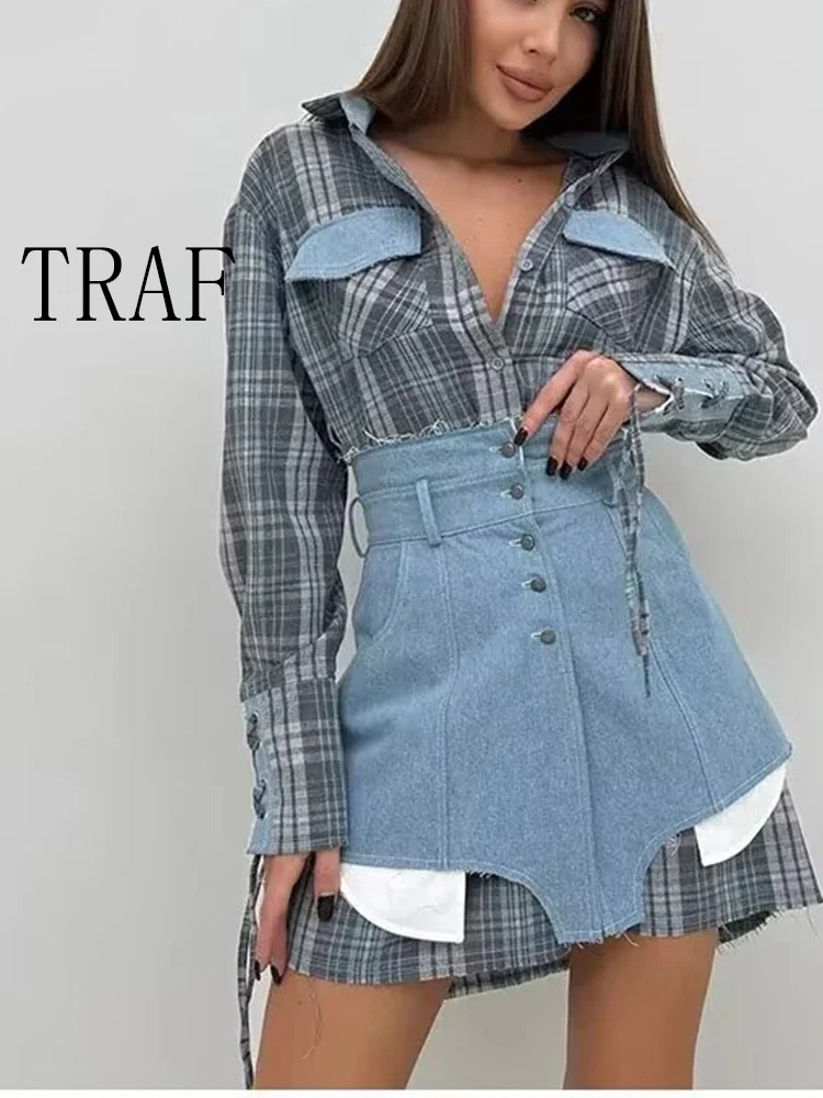 

TRAF European and American style autumn new fashion trend women's design loose versatile long-sleeved plaid shirt skirt suit