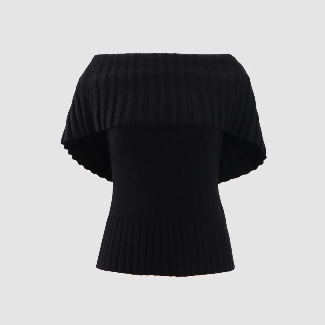 2026 New Black Off Shoulder Rib Knit Sweater Women's Ruffle Short Sleeve Slim Fitted Crop Top